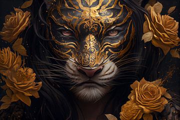 Tiger with golden mask and yellow flowers
