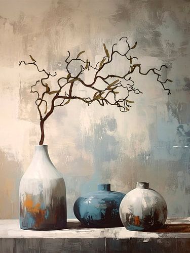 Rustig en tijdloos Stilleven. Krulhazelaar op aardewerk vaas