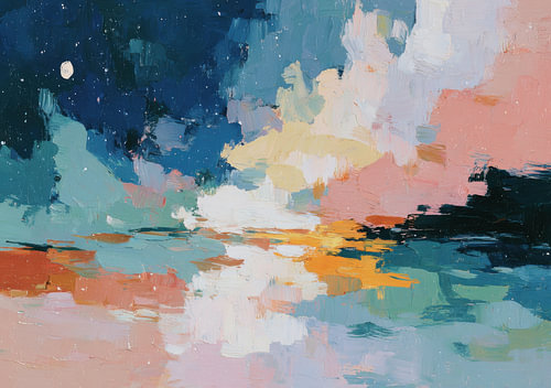 An abstract interplay of colours in blue and pink with moonlit reflections