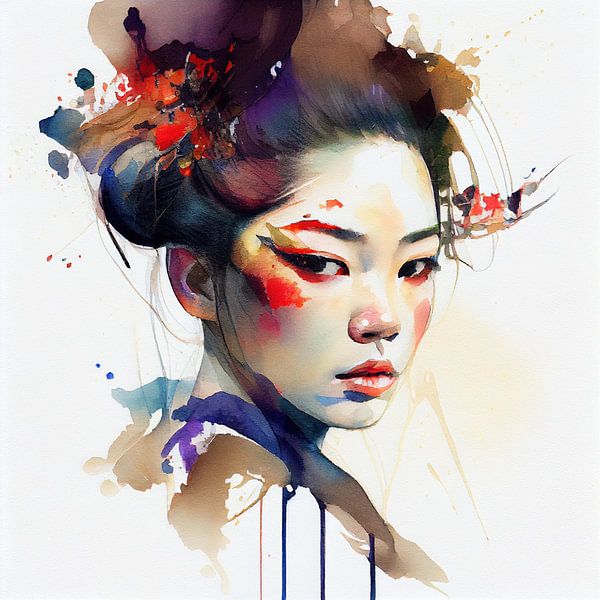 Geisha moderne aquarelle #1 par Chromatic Fusion Studio