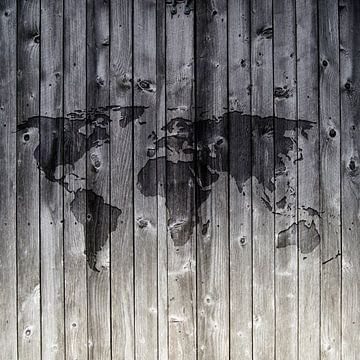Wereldkaart op Houten planken | Wandcirkel