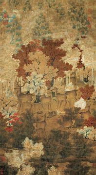 Chinois, cerf dans une forêt d'automne, oiseaux et fleurs chinoises Peintre