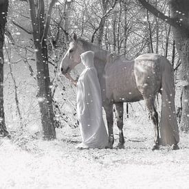 Gesluierd persoon met wit paard van Laura Loeve