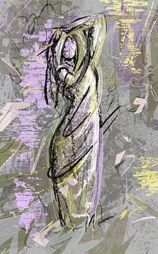 Oeuvre d'art abstraite - dame en rose, vert, jaune et gris sur Emiel de Lange