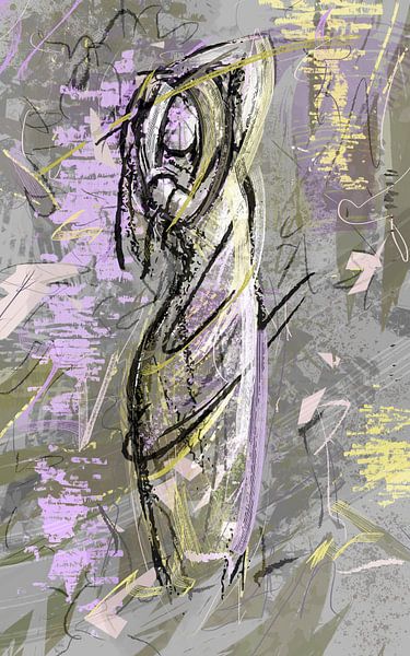Abstract kunstwerk - dame in roze groen geel en grijs van Emiel de Lange