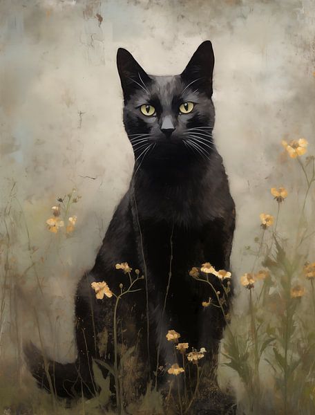 Black Cat with Yellow Flowers by Emil Husstege