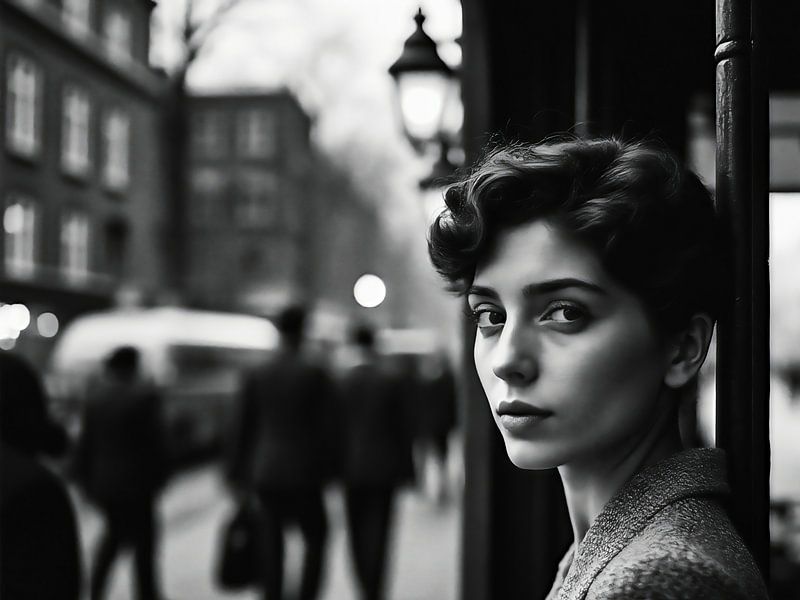 Porträt einer Frau auf der Straße in Schwarz und Weiß von The Photo Artist