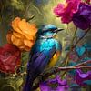 Colorful bird among lush flowers von But First Framing