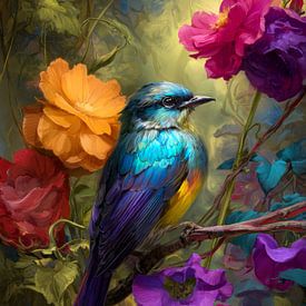 Kleurrijke vogel tussen weelderige bloemen van But First Framing