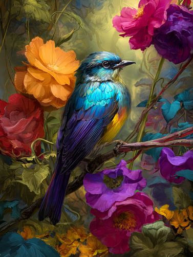 Oiseau coloré parmi des fleurs luxuriantes