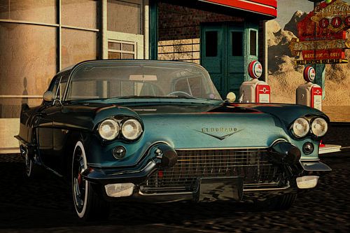 Cadillac Eldorado Brougham 1957 bij een oud benzinestation