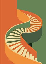 Minimalist illustration of a winding spiral staircase in a retro geometric architectural style. by Adam Khabibi