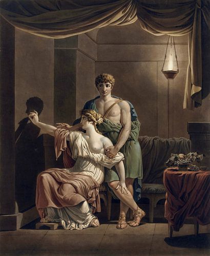 Philea tekent het portret van haar geliefde Ariston met behulp van schaduw van zijn profiel op muur