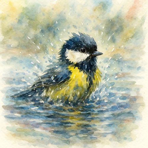 Koolmees baddert in plas water (AI) (schattig, klein, vogeltje, vrolijk, speels, buitenleven, natuur, aquarel, schilderij)