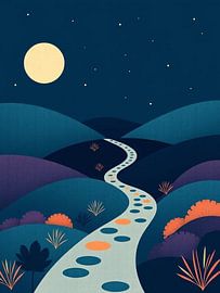 Celestial Night Journey: A Serene Path Under the Full Moon and Twinkling Stars by Artistic