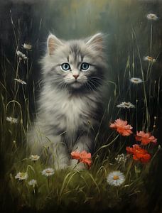 Chaton gris et blanc parmi des fleurs rouges et blanches