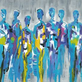 Groupe de personnes en bleu | Peinture figurative de personnes en bleu sur Caprices d'Art