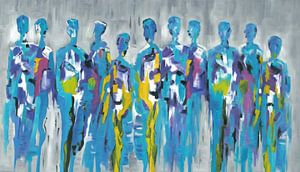 Blaue Gruppe von Menschen | Blaue figurative Malerei von Menschen von Kunst Kriebels