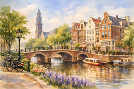 Pittoresk landschap van Amsterdam. Kunstzinnige aquarel van Jelena Jovanovic Fine Art