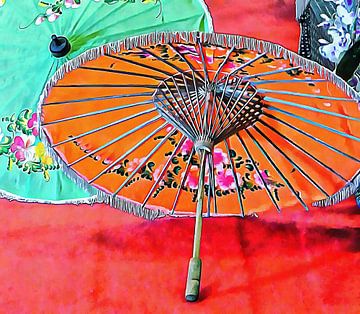 Oranje en groene oosterse parasols van Dorothy Berry-Lound