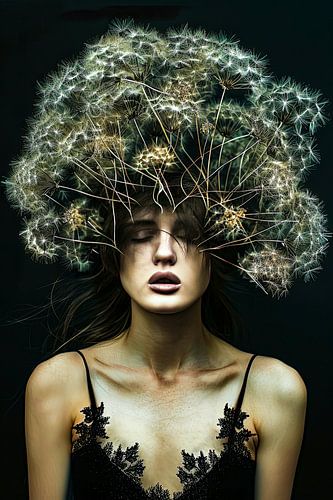 vrouw met hoofd in de wolken