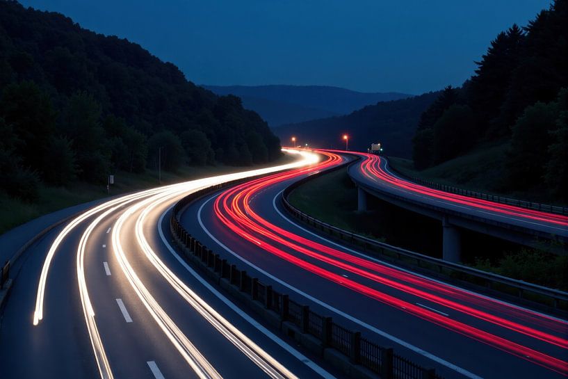 Nighttime Highway with Light Trails and Mountain Landscape by Markus Gann