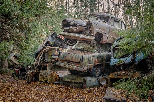 Roestige erfenissen in het bos - autokerkhof in Zweden