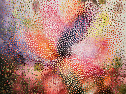 A colourful abstract floral pattern with dots