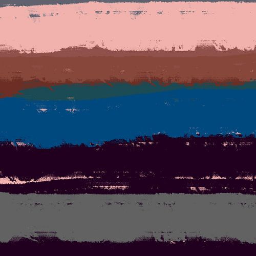 Zonsondergang. Modern abstract kleurrijk landschap in blauw, grijs, bruin en roze.