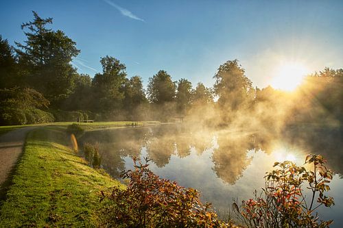 Ochtendnevel boven de vijver tijdens zonsopkomst