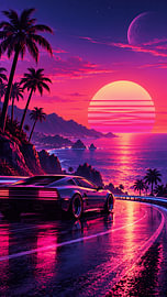 Retro Futuristic Neon Sports Car Driving Through Tropical Sunset Landscape by Alfonz