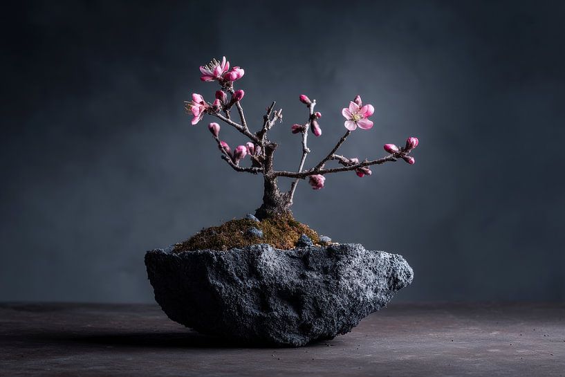 Stillleben Bonsai mit rosa Blüte auf türkisem Hintergrund von Digitale Schilderijen