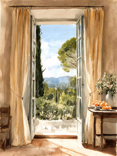 Blick aus dem offenen Fenster auf den Garten