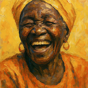 Lach van het leven (portret oude Afrikaanse oma schaterlachend vrolijk energie warmte levensvreugde)