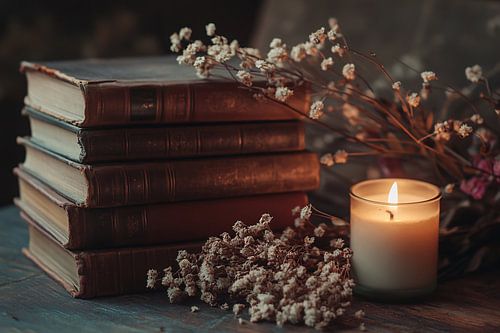 Vintage boeken en kaars stilleven