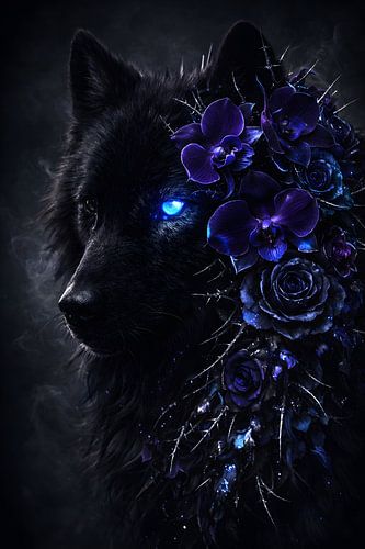 Gothic-Stil: Schwarzer Wolf mit leuchtend blauen Augen und violetten Blumenmotiven