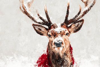 Cerf d'hiver en rouge - Illustration à l'huile expressive