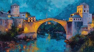 Die Mostar-Brücke in Bosnien bei Nacht – abstraktes Panorama