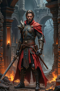 Dark Fantasy Art Wandbild: CALDREVAR - Ein Ritter steht in einer brennenden Stadt