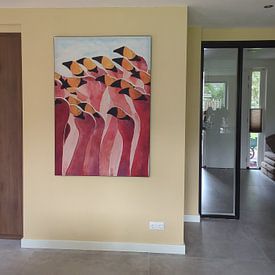 Klantfoto: Groep roze flamingo's (kleurrijk aquarel schilderij mooie vogels flamingo dieren tropisch vrolijk) van Natalie Bruns, als ArtFrame