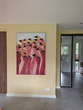 Klantfoto: Groep roze flamingo's (kleurrijk aquarel schilderij mooie vogels flamingo dieren tropisch vrolijk) van Natalie Bruns