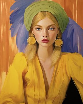 Modern portrait in yellow, purple, green and orange by Carla Van Iersel