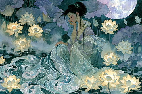 „Serene Lotusdroom“ – Japanische Eleganz in tiefem Indigo