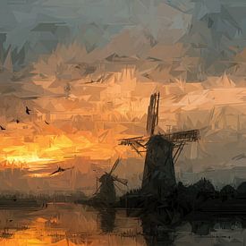 Moulin à vent au coucher du soleil panorama artistique sur TheXclusive Art