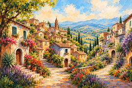 Sonniges italienisches Bergdorf im impressionistischen Stil von STUDIO ARTSY