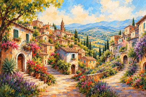 Sonniges italienisches Bergdorf im impressionistischen Stil