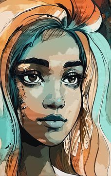 Portret van een afrikaanse jonge vrouw in turquoise en oranje tinten van Emiel de Lange