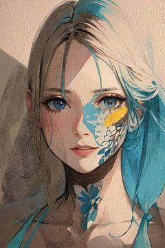 Portret blonde vrouw met blauwe ogen in anime stijl