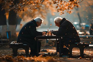 Retraités jouant aux échecs dans un parc sur Mathias Ulrich