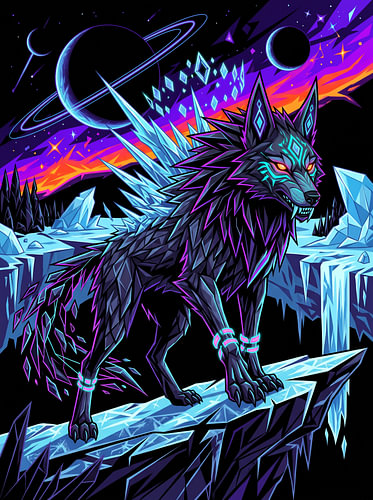 Kosmische ijswolf – kristal – gletsjerberg – grafische illustratie